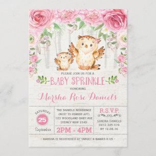 Lechuza Floral Rosa Bebé Chica Invitación Bosque