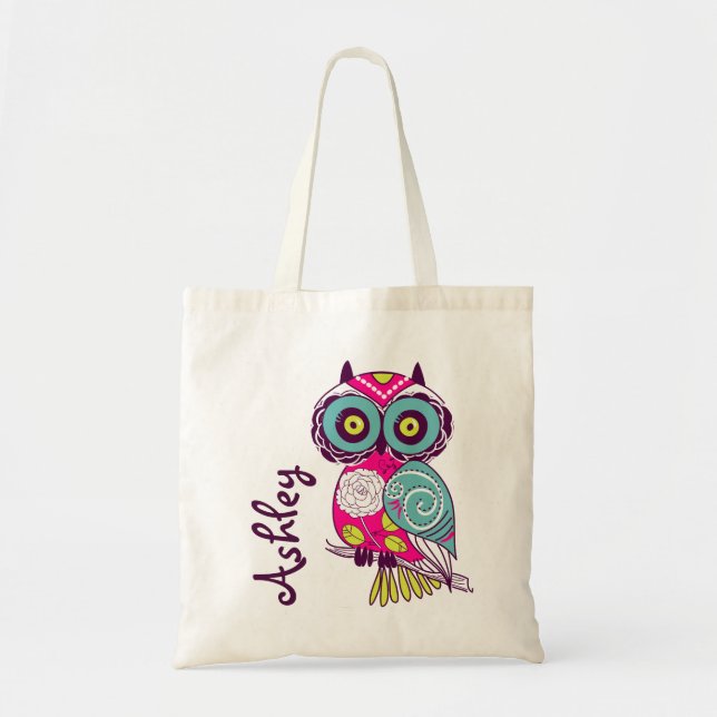 Lechuza floral rosa caliente | Bolsa de tote perso (Frente)