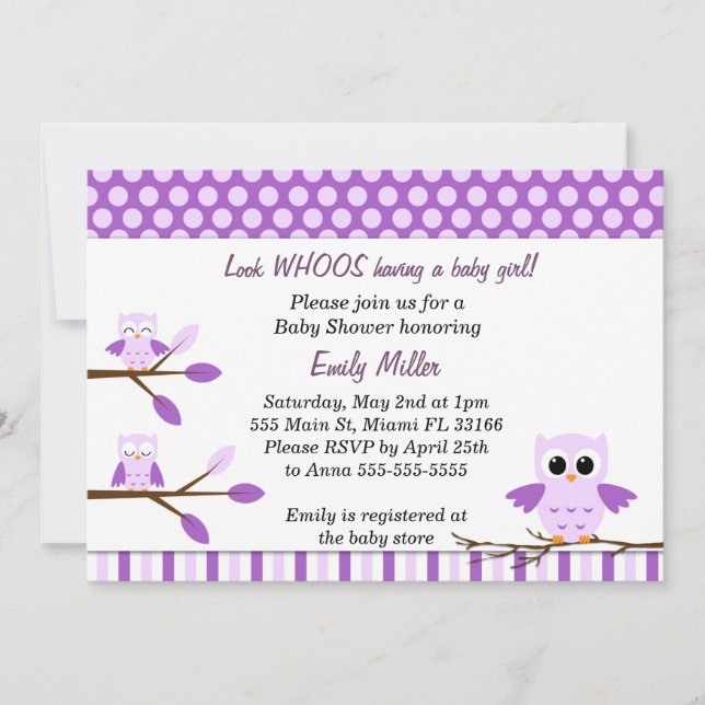 Lechuza Invitación Niña Ducha Púrpura (Anverso)
