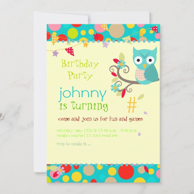 Lechuza, invitaciones de fiesta de cumpleaños/ante (Anverso)