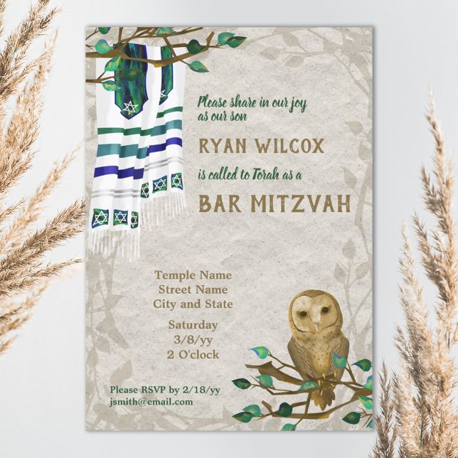 Lechuza, Lámpara de Oración, Invitación a Mitzvah  (beige, blue, teal owl nature forest bar mitzvah invitation with tallit prayer shawl)