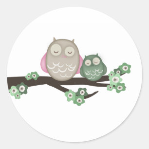 Lechuza Mamá y Bebé {Verde}   Pegatinas