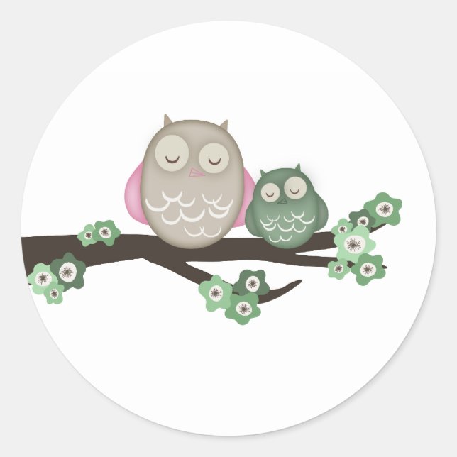 Lechuza Mamá y Bebé {Verde} | Pegatinas (Anverso)