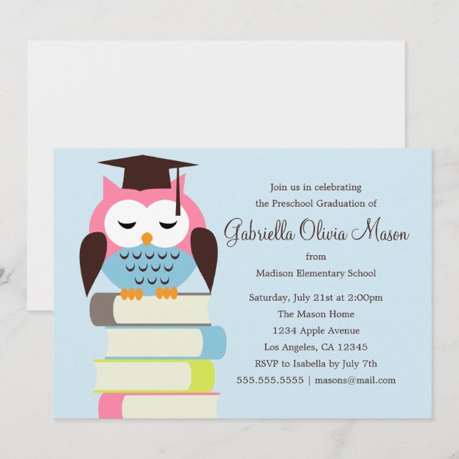 Lechuza rosa/azul | Invitación a la fiesta de grad (Anverso / Reverso)
