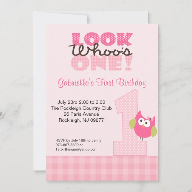 Lechuza Rosa Número Uno Primer Invitación a Cumple (Anverso)