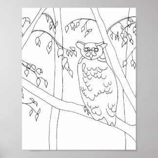 Lechuza sentada en el árbol, esquema para posters 