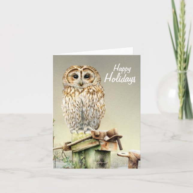 Lechuza Tawny en la tarjeta de Navidades de arte f (Anverso)