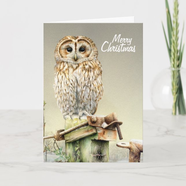 Lechuza Tawny en la tarjeta de Navidades de arte f (Anverso)