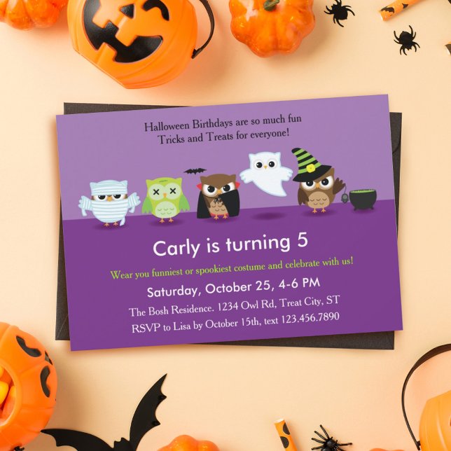 Lechuzas de Halloween en invitación de cumpleaños  (Subido por el creador)