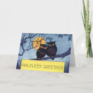 Lechuzas en un árbol - Tarjeta Halloween