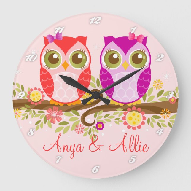 Lechuzas rosadas y moradas Chicas - Reloj de pared (Anverso)