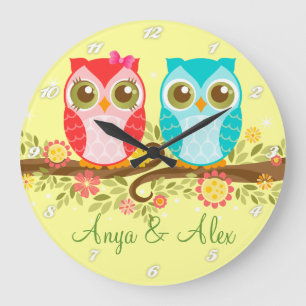 Lechuzas rosas y azules - Reloj de pared Personali