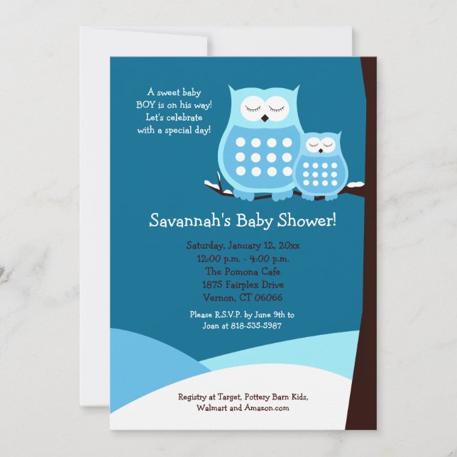 Lechuzas Snowy Invitación Baby Shower 5x7 - Azul (Anverso)