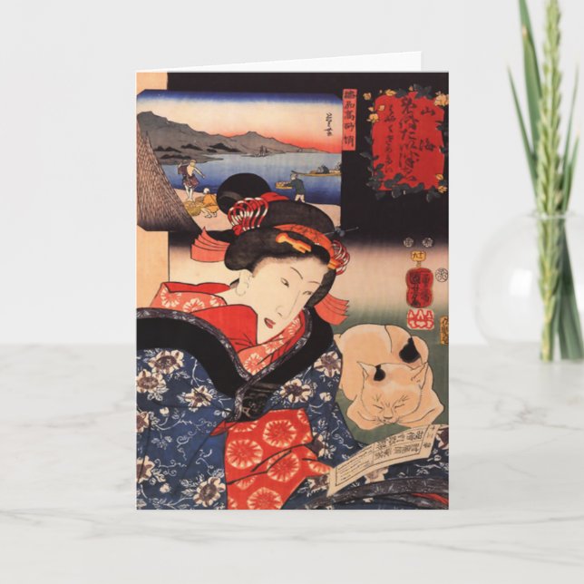 Lectura de la mujer con la tarjeta de felicitación (Anverso)