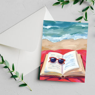 Lectura de playa   Tarjeta de pintura de acuarela 