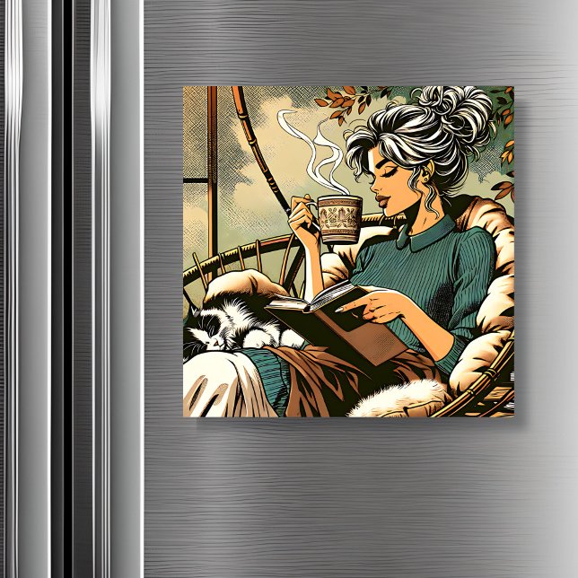 Lecturas de una dama acogedora con café y gato (Subido por el creador)