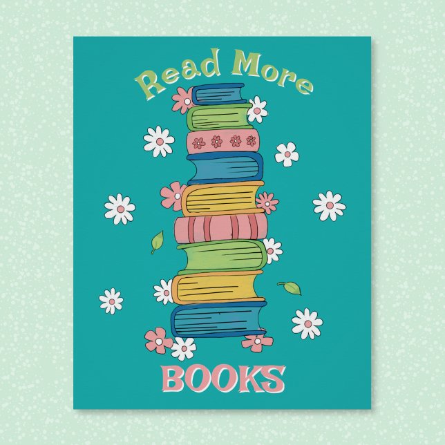 Leer más libros - Póster brillante para biblioteca ("Read more books" watercolor art classroom library poster .)