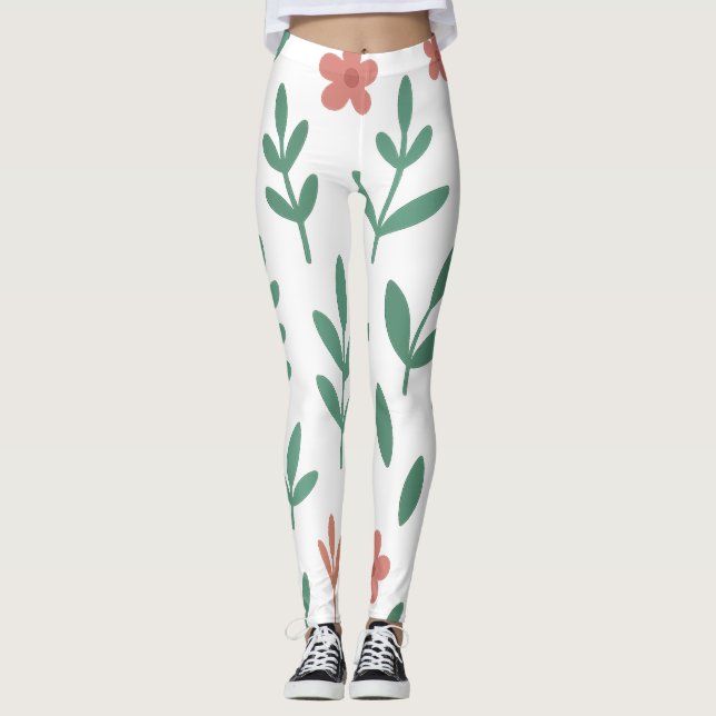 Legging con patrón de hoja verde y flor rosa (Anverso)