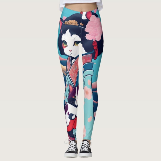 Leggings 猫の初恋～浮世絵と着物に包まれた和風のkawaiiくてキュートな女の子の恋ねこ物語～レギンス (Anverso)