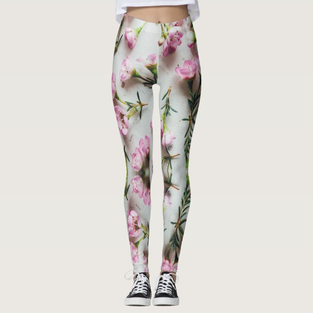 Leggings 3.D Patrón de adenium rosado sobre fondo blanco (Anverso)