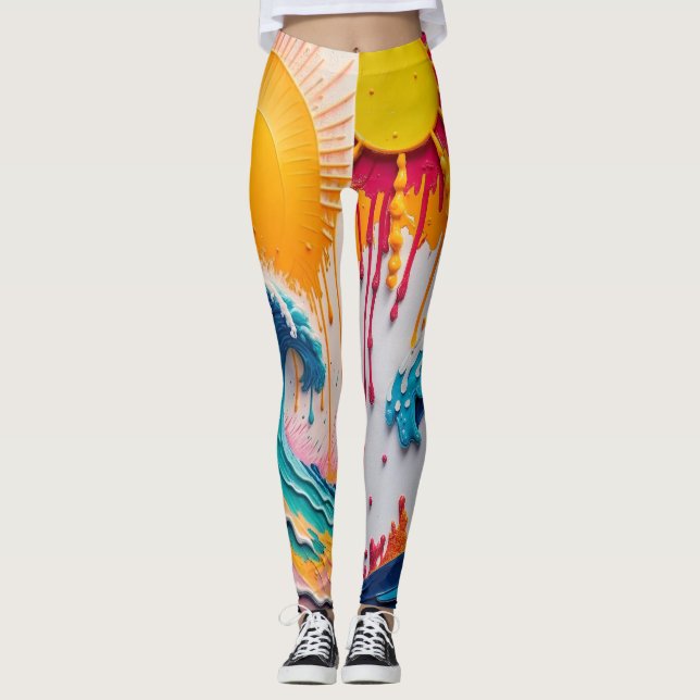 Leggings 3D Textured Tropical Wave & Sun Abstract Impasto (Anverso)