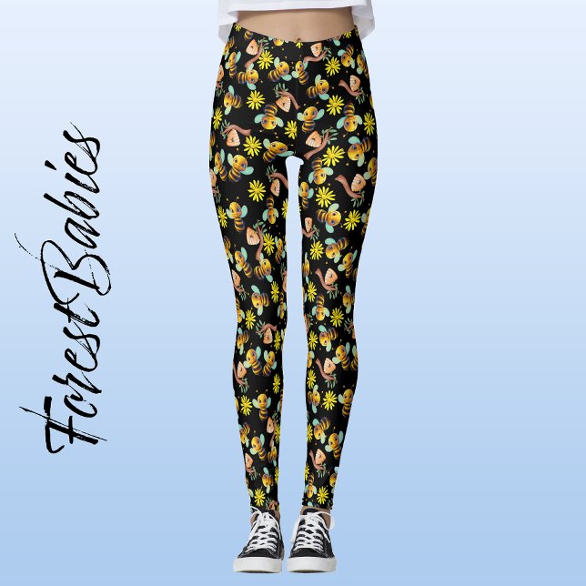 Leggings Abeja de burbujas 🐝 margarita amarilla, floral ne (🐝 Bumble Bee, ForestBabies Yellow Daisy, Honey Hive Black Floral Leggings - Front)