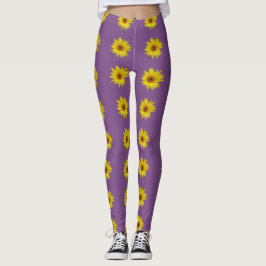 Leggings Abeja en un girasol con fondo púrpura