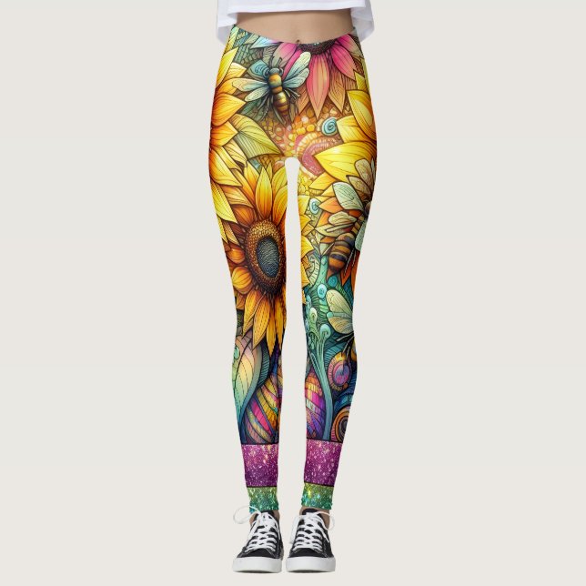 Leggings abejas de girasol florecen, Jardín Boho (Anverso)
