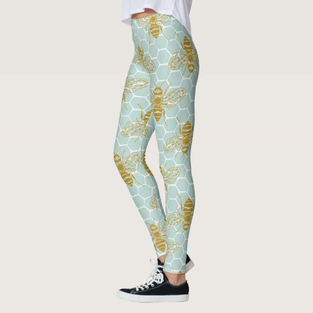 Leggings Abejas doradas verde azuladas de Honeycomb (Izquierda)
