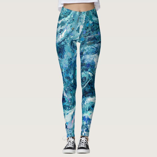 Leggings Abstracción de las olas del mar Verde azulado blan (Anverso)