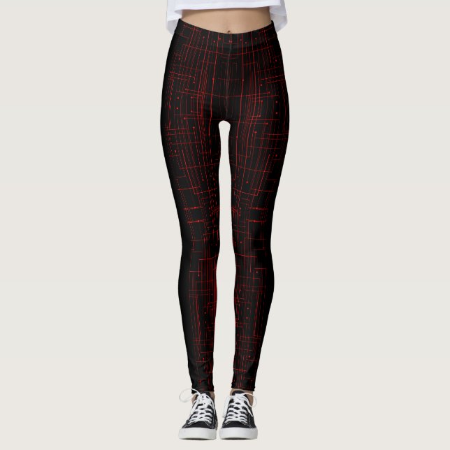 Leggings Abstract Cyber Pattern | Black & Crimson Circuit  (Anverso)