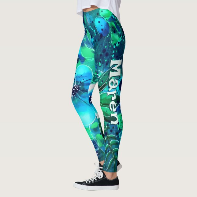 Leggings Abstract Floral Teal Blue Green Personalized (Izquierda)