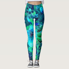 Leggings Abstract Floral Teal Blue Green Personalized