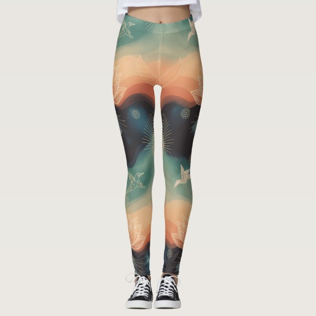 Leggings Abstract Nature: Minimalist Lotus & Bird Design (Anverso)