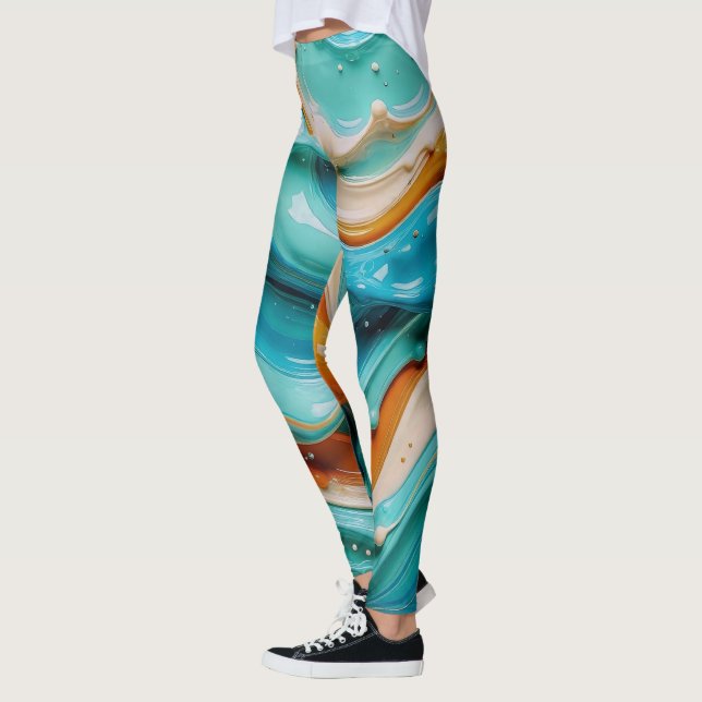Leggings Abstract Swirling Teal and Orange Glossy Fluid  (Izquierda)