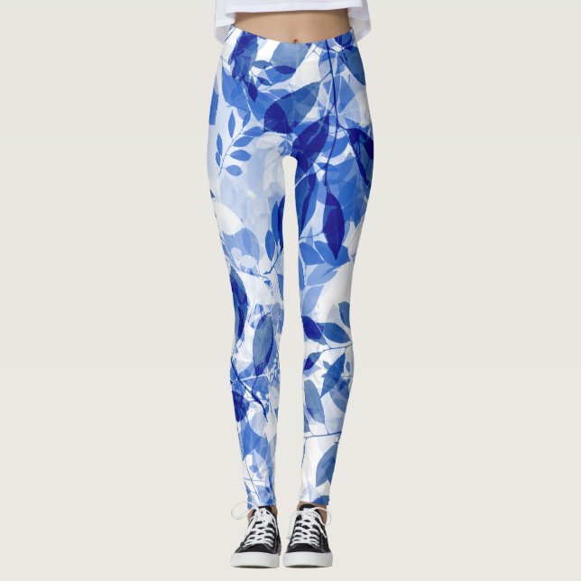 Leggings Abstracto de hojas azules y blancas (Anverso)