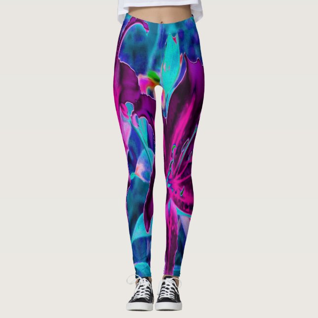 Leggings Abstracto púrpura y rosa caliente Flores de lirio  (Anverso)