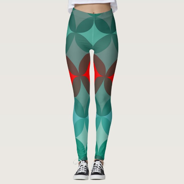 Leggings abstracto verde azulado y rojo inspirado por Art D (Anverso)