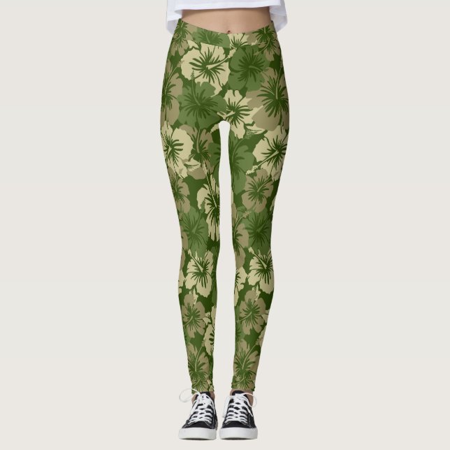 Leggings Aceituna floral tropical hawaiana del hibisco (Anverso)