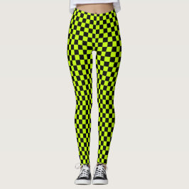 Leggings Acid green black checkerboard pattern