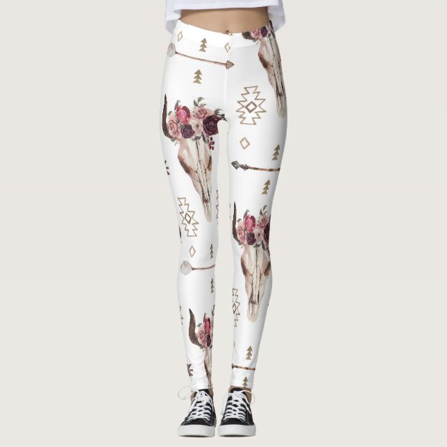 Leggings acuarela Boho: flechas, patrón de cráneo. (Anverso)