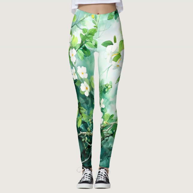 Leggings Acuarela Botánica Flores Blancas Hojas Verdes (Anverso)