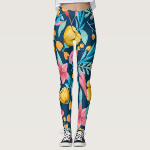 Leggings acuarela botánica: flores, hojas adornadas.
