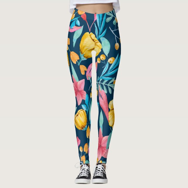 Leggings acuarela botánica: flores, hojas adornadas. (Anverso)