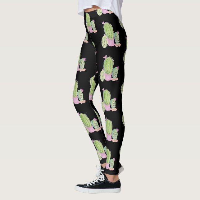 Leggings Acuarela Cactus Pot Plant Pattern Black (Izquierda)
