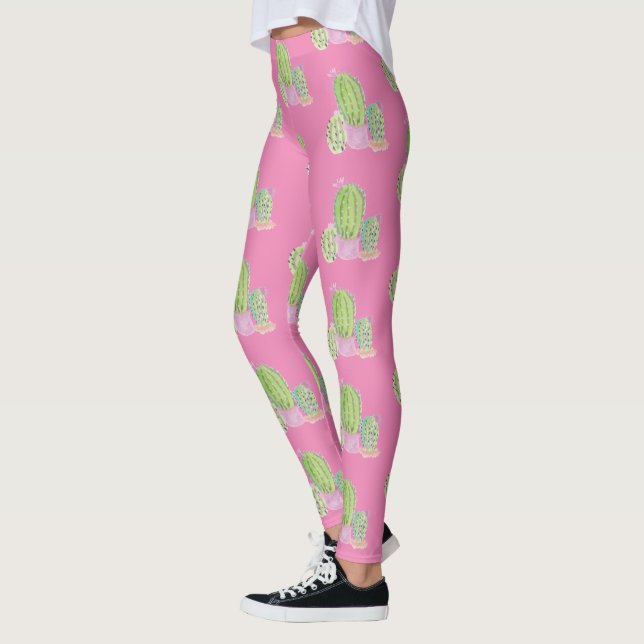 Leggings Acuarela Cactus Pot Planta Patrón Rosa (Izquierda)