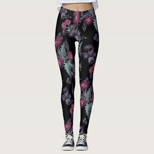 Leggings Acuarela Crisantemas flores tinta floral (Anverso)