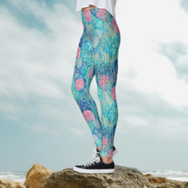 Leggings Acuarela de coral tropical rosa rosa azul oceánico