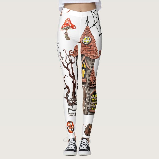 Leggings Acuarela de Halloween: Patrón de la casa embrujada (Anverso)