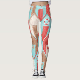 Leggings acuarela de la casa de la playa: patrón retro.